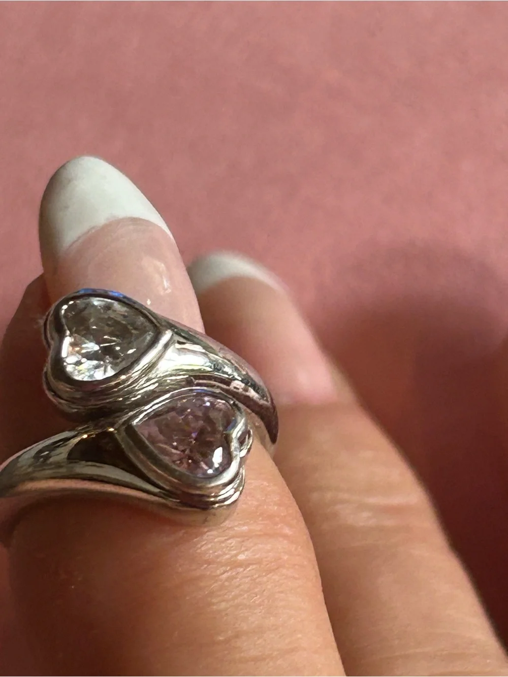 Women’s Vintage Silver Tone Ring with Pink and Clear Heart-Shaped Gemstones. Sz7